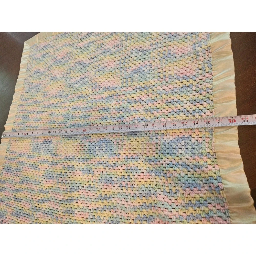 Handmade Crochet Baby Blanket Infant Pastel Multicolor Satin Trim Ruffle Trim